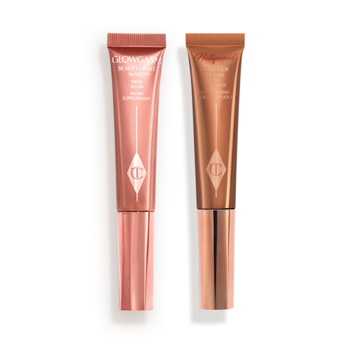 Medium-pink liquid blush wand and glowy brown contour wand.