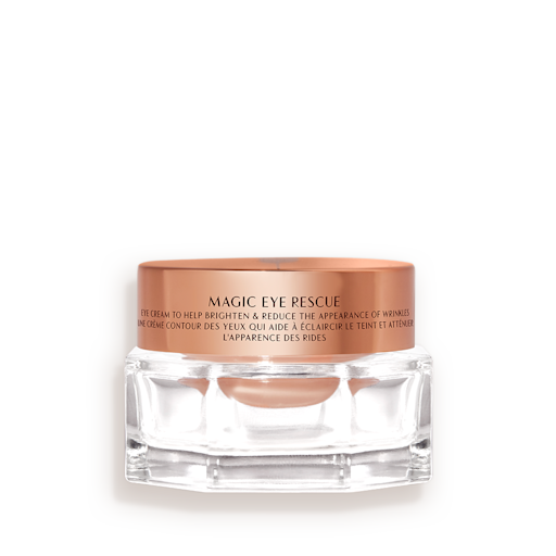 Magic Eye Rescue closed An award-winning, fawn-coloured eye cream in a petite glass jar with a gold-coloured lid.