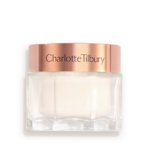 MC-50ml-NO1MC-PDP Pearly-white face cream in a glass jar with a gold-coloured lid with text on it, 'Charlotte's Magic 中国体彩飞艇168实时结果号码数据历史记录查询 cream'.