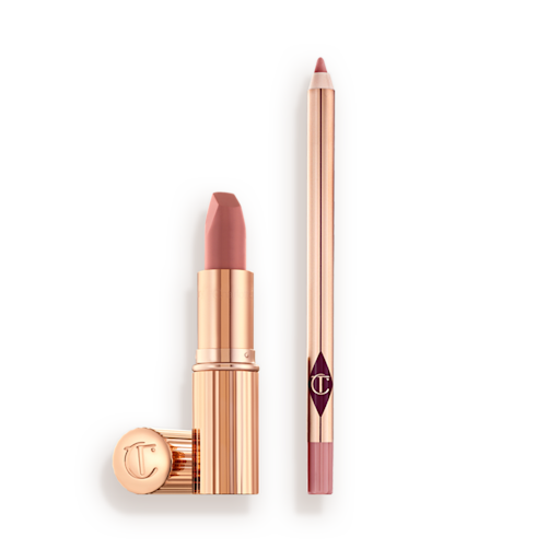An open nude pink lipstick in a gold-coloured tube and lip liner pencil in a nude pink shade.