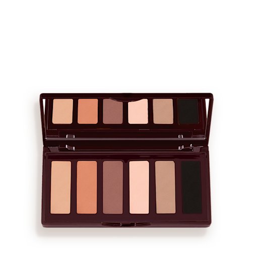 Easy Eye Palette Super Nudes open An open, mirrored-lid six-pan eyeshadow palette with matte eyeshadows in brown, peach, and beige shades.