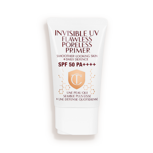 Invisible UV Flawless Poreless Primer closed A primer in a white-coloured tube with a white-coloured lid with text on it that reads, 'invisible UV Flawless poreless primer SPF 50 PA++++'.